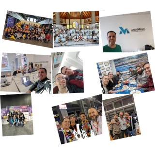 Collage de 9 fotos. De izquierda a derecha y de arriba a abajo. Foto con el equipo de Kairós en el ultimo JSDay Madrid. Foto con todo el equipo de LeanMind en Tenerife. Selfie de Mánu en la oficina de LeanMind con el logo de la empresa de fondo. Foto del equipo de Madrid en un coworking. Foto con Adrián Ferrera durante un vuelo. Foto comiendo con compañeros de LeanMind en Gran Canaria. Foto del equipo de LeanMind en la Bilbostack 2024. Foto en la que estoy con mi hijo Dani, Carlos Blé y Rei Aguilera en la TRG23. Foto en la que estoy con Jorge del Casar y Rei Aguilera en la TRG23