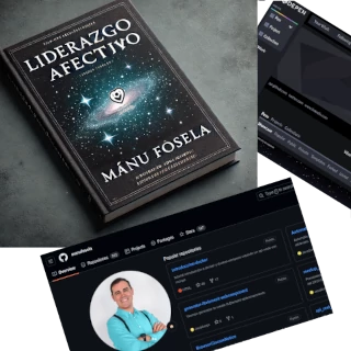 Collage de 3 fotos. Foto de la portada del libro "Liderazgo Afectivo". Captura del GitHub de Mánu. Captura de Codepen de Mánu